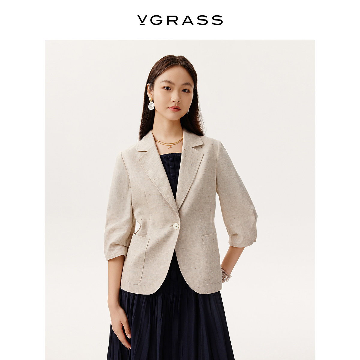 【都市度假】VGRASS维格娜丝夏季欧洲进口亚麻波嬉风软西装女