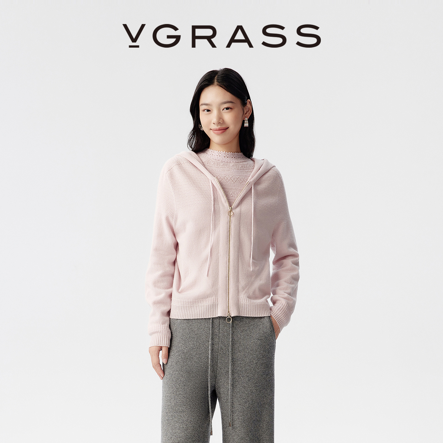 VGRASS精纺羊毛混纺连帽针织开衫
