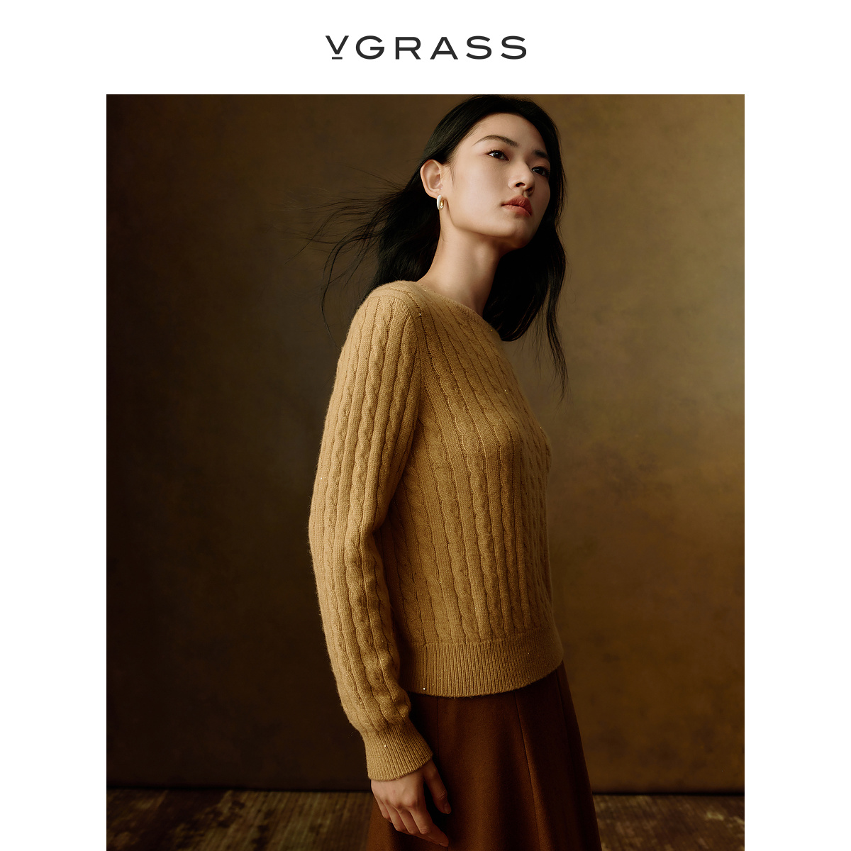 VGRASS100羊绒立体绞花针织衫