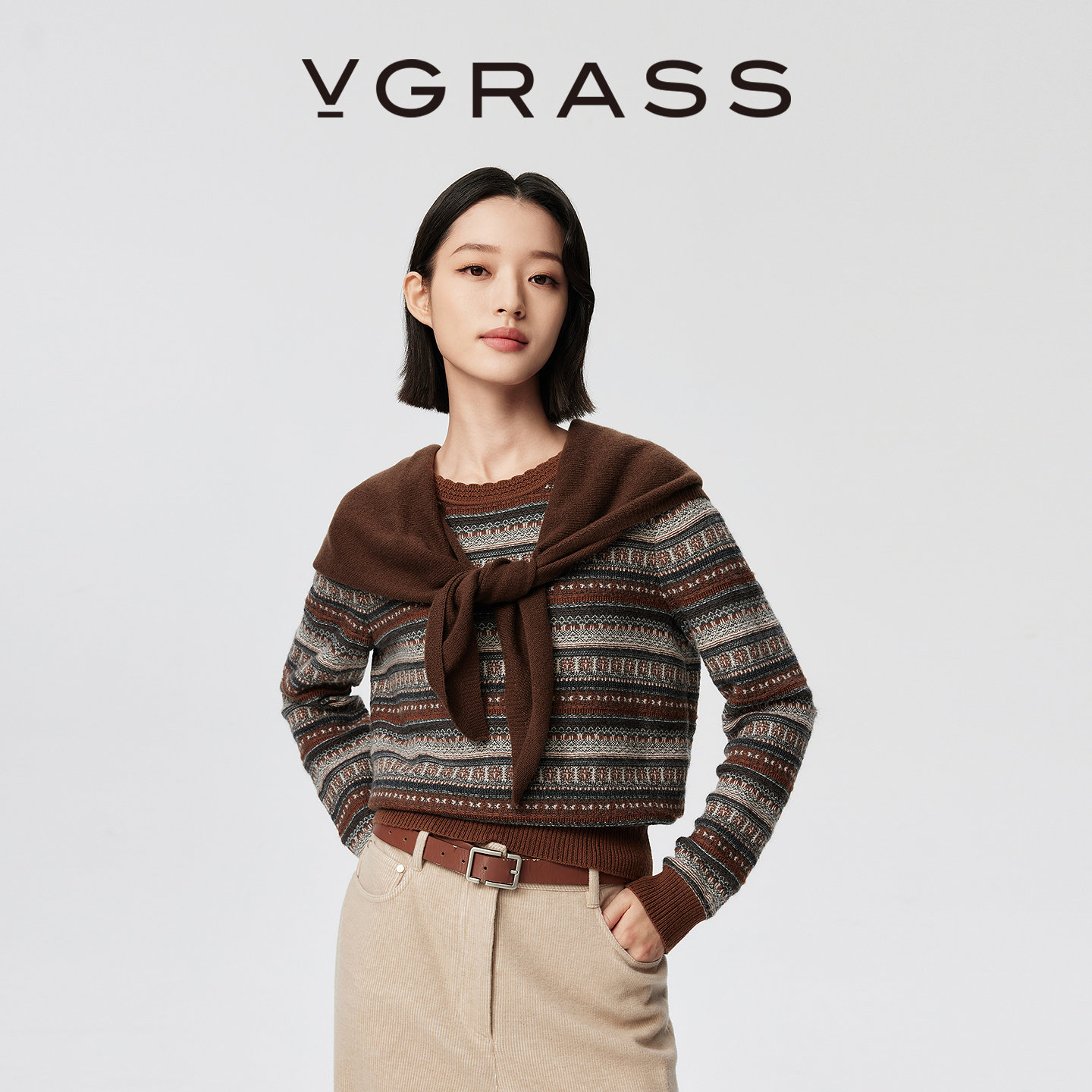 【一片云针织】VGRASS25秋冬新款羊毛羊绒费尔岛提花披肩针织衫女,女装/女士精品,毛针织衫,淘宝优惠券,粉丝福利购,淘宝优惠卷