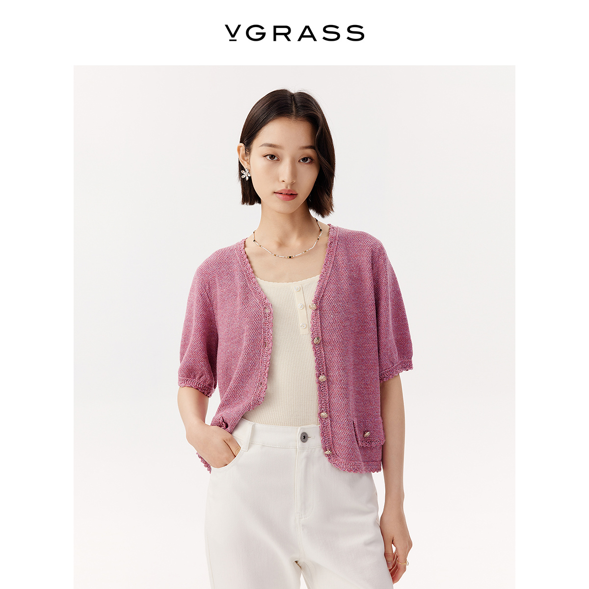 VGRASS混色亚麻针织开衫