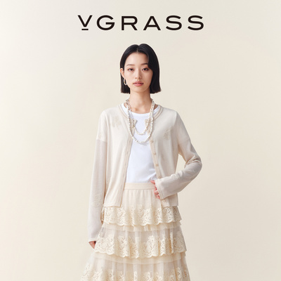 VGRASS柔雾感嵌提针织开衫