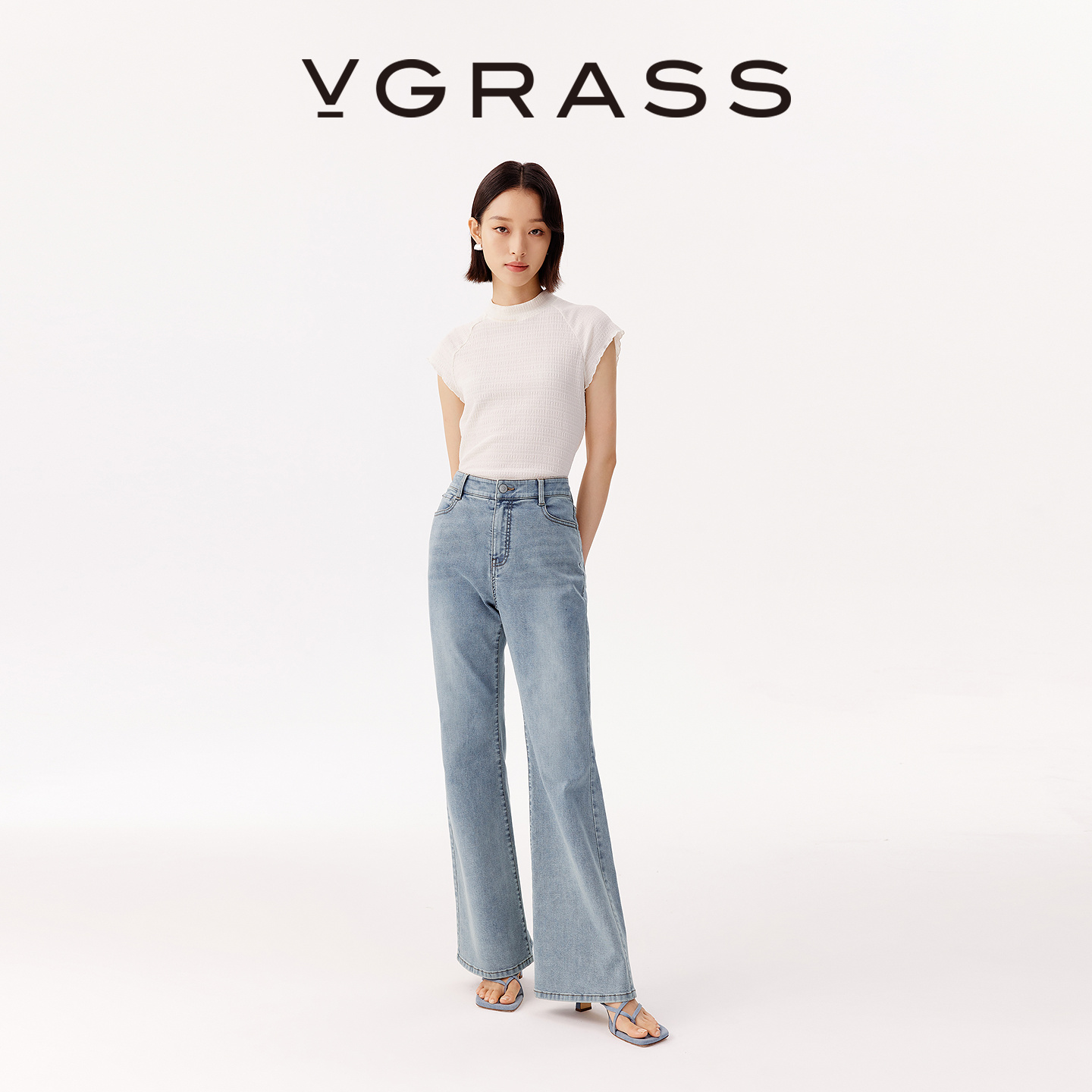 VGRASS复古微喇裤牛仔裤