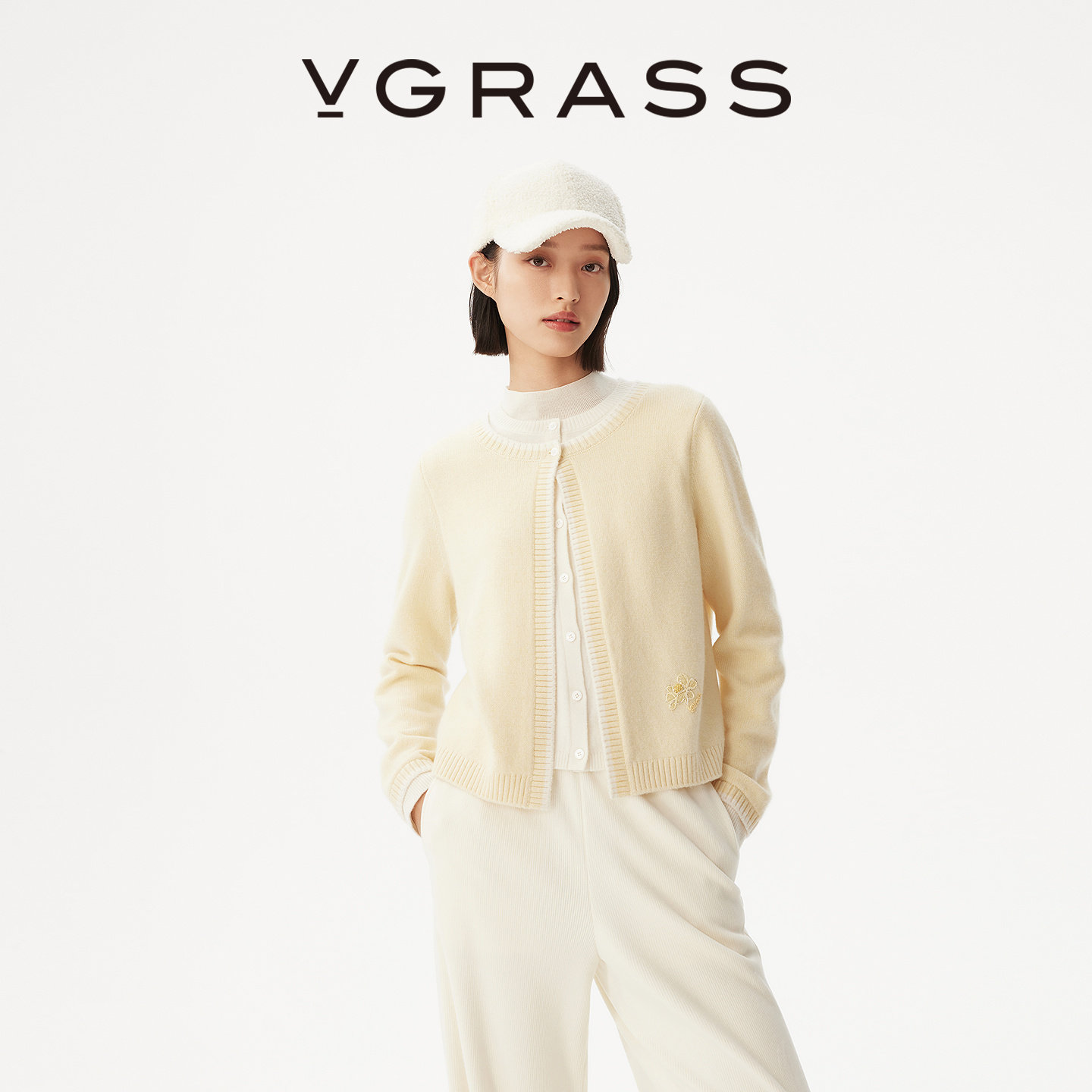 VGRASS多色合股纱小翻领针织开衫