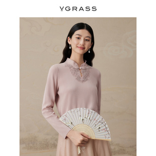 新款 VGRASS维格娜丝秋季 棉混纺花边蕾丝女士针织上衣