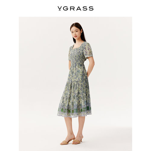 VGRASS司马克褶定位印花连衣裙