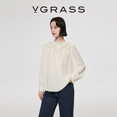 VGRASS26春季 新款 18MM双绉真丝气质小立领局部拼接蕾丝小上衣