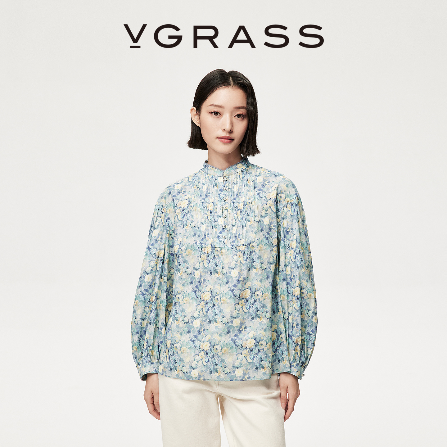 VGRASS棉混纺Liberty印花衬衫