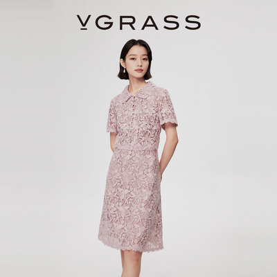 VGRASS26春季新款蕾丝感镂空水溶盘绳绣粉红色连衣裙截断式假两件