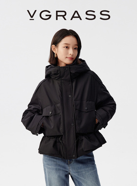 VGRASS冲锋衣式鹅绒羽绒衣冬新款哑光面料多口袋连帽短款羽绒服女