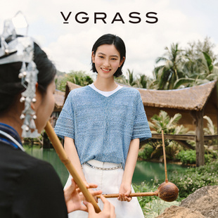 VGRASS维格娜丝26夏季新款混色亚麻混纺纱V领落肩廓形镂空针织衫