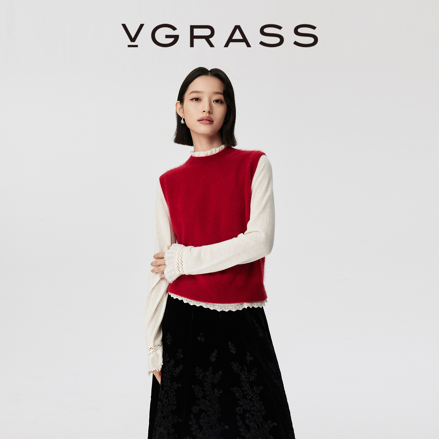 VGRASS山羊绒小圆领针织背心