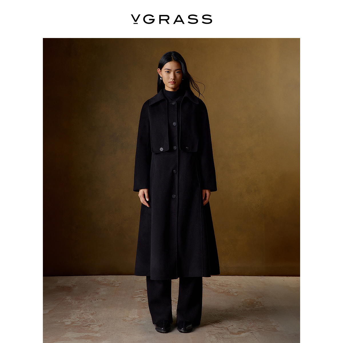 VGRASS双宫丝羊毛8分长大衣
