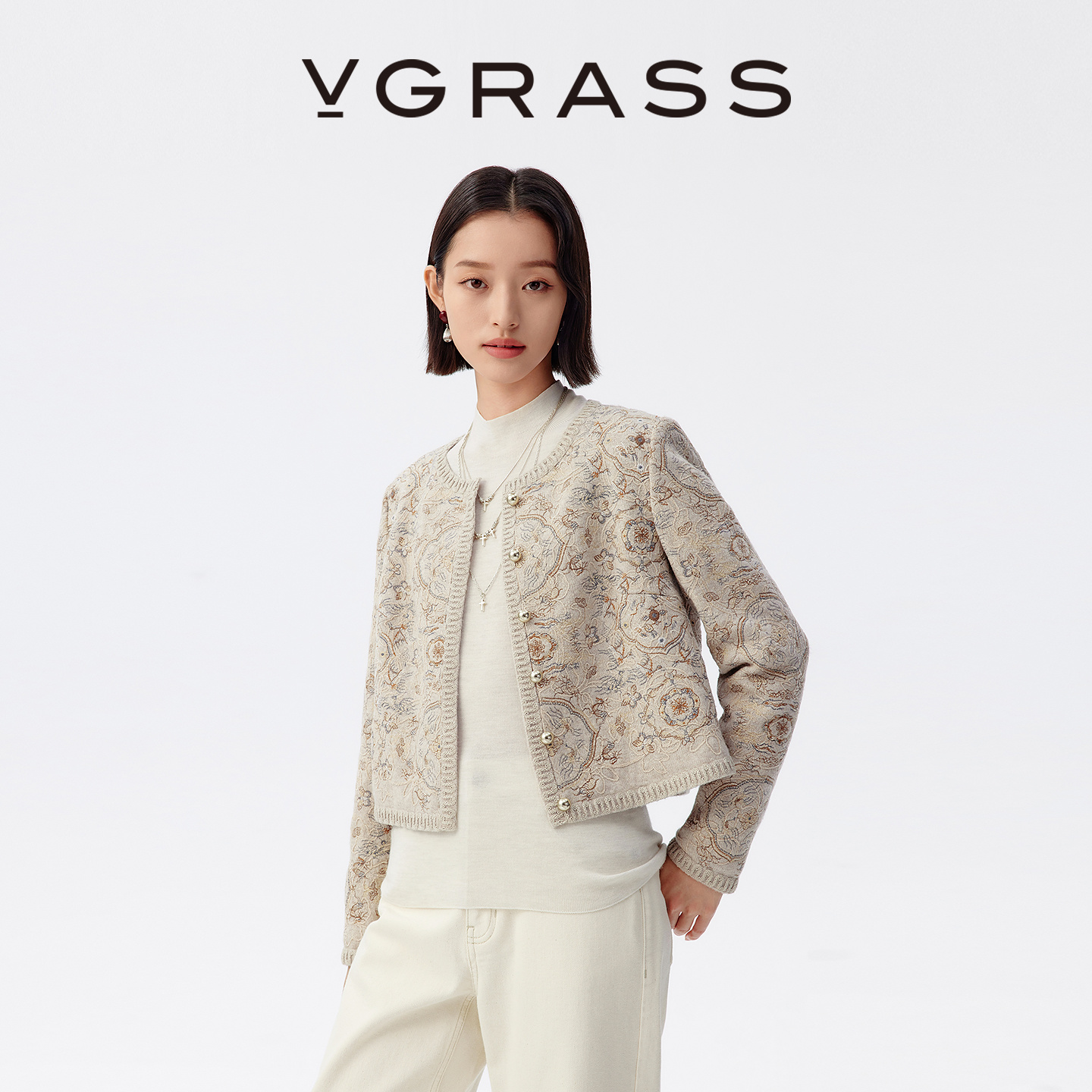VGRASS定位绣花云锦缠枝纹针织衫