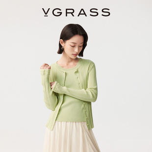VGRASS维格娜丝26夏季新品清爽夏日绿色调立体坑条显瘦针织开衫女