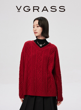 VGRASS26早春新款绵羊毛混纺珠片纱绞花肌理V领宽松红色针织衫女