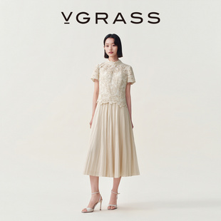 VGRASS维格娜丝26秋季新品双层面料激光绳绣工艺镶拼假两件连衣裙
