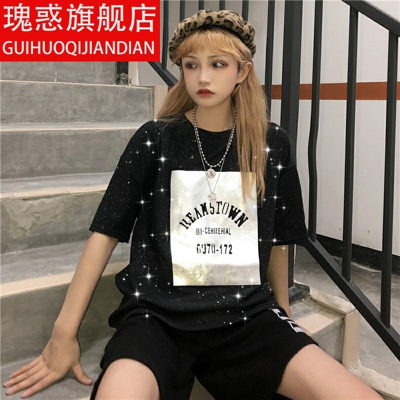 港风宽松bling网红百搭黑色显瘦短袖t恤女装2020新款潮流上衣T恤