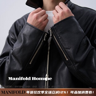 Manifold｜意大利进口绵羊皮肌理翻领机车双拉链皮衣夹克外套