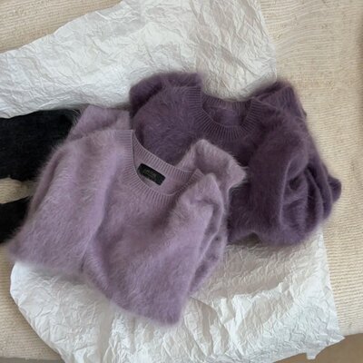 法式温柔紫色套头针织海