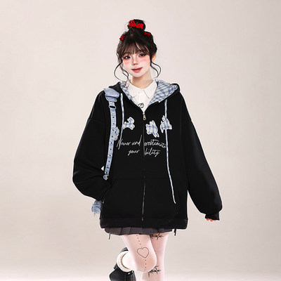 韩系慵懒风刺绣开衫连帽