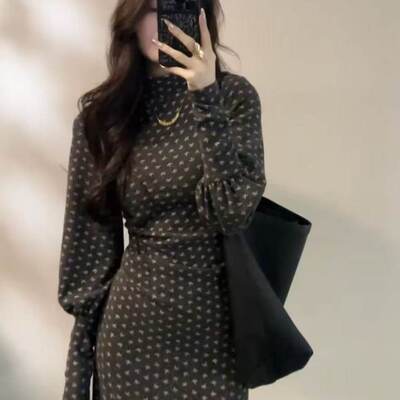 法式半高领灯笼袖波点收