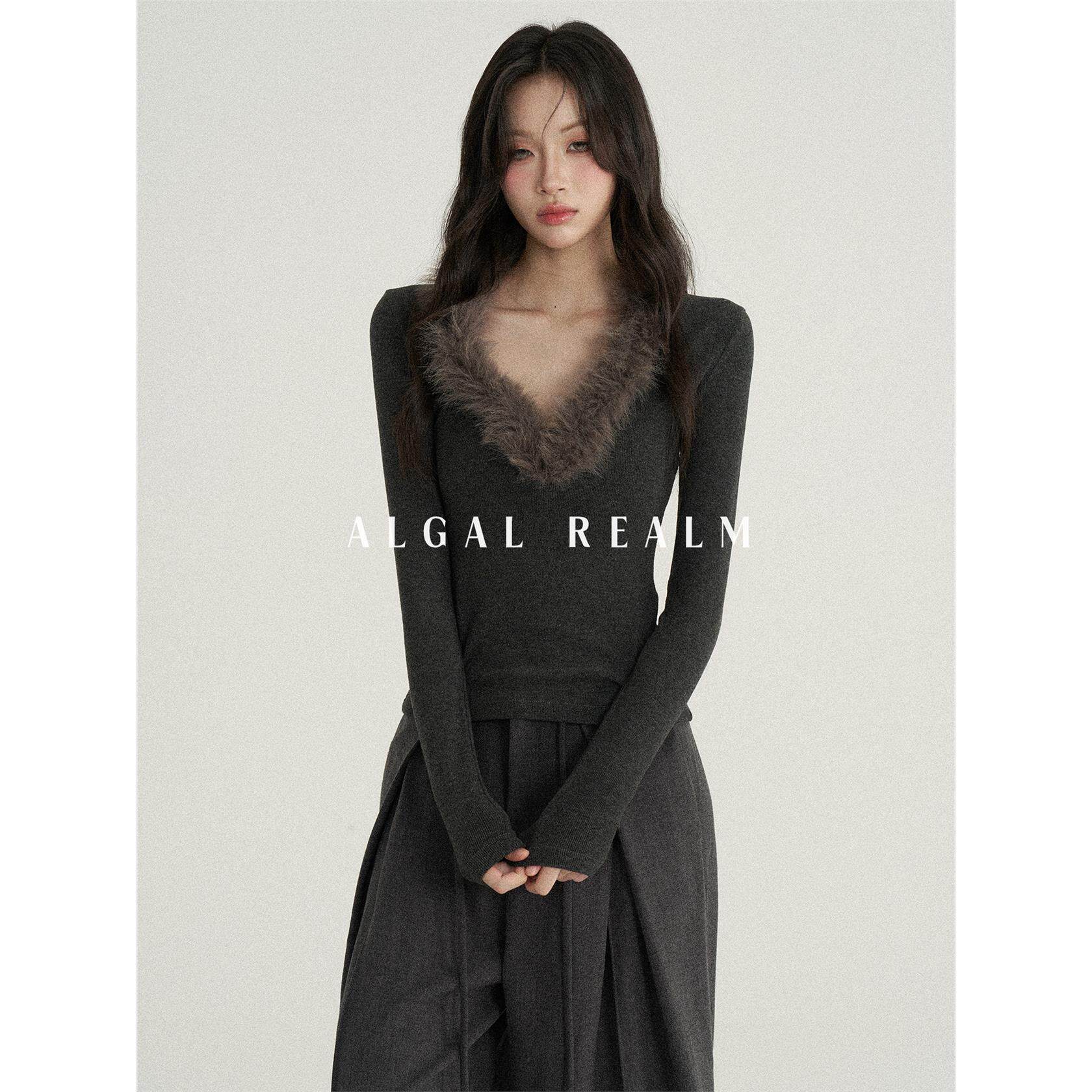 【Algal Realm雪藻集】高级感气质修身毛领上衣V领长袖T恤女秋冬