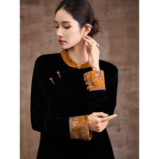 素木新中式丝绒黑色T恤女2025年冬季新款气质打底衫大码女装上衣