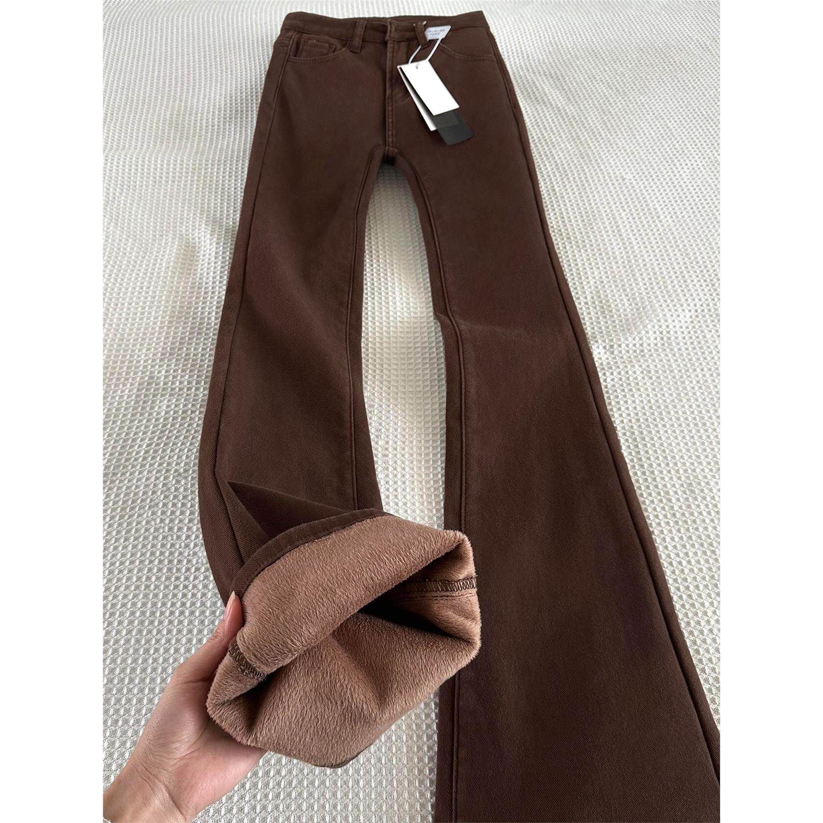 加绒加厚咖色微喇牛仔裤女秋冬新款胖妹妹mm高腰弹力显瘦马蹄裤子