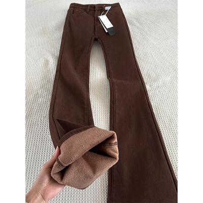 加绒加厚咖色微喇牛仔裤