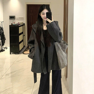 独特超好看灰色双面羊绒大衣女2025冬季新款小个子连帽羊毛呢外套
