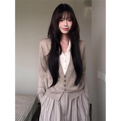 韩系气质假两件V领长袖女