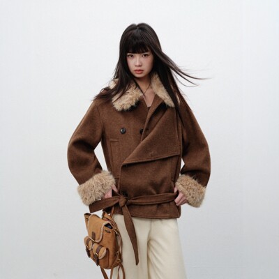 AUNP韩系咖色翻领夹棉羊