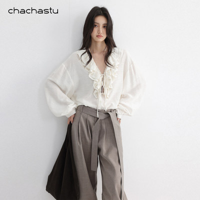 CHASTU法式荷叶边长袖V领