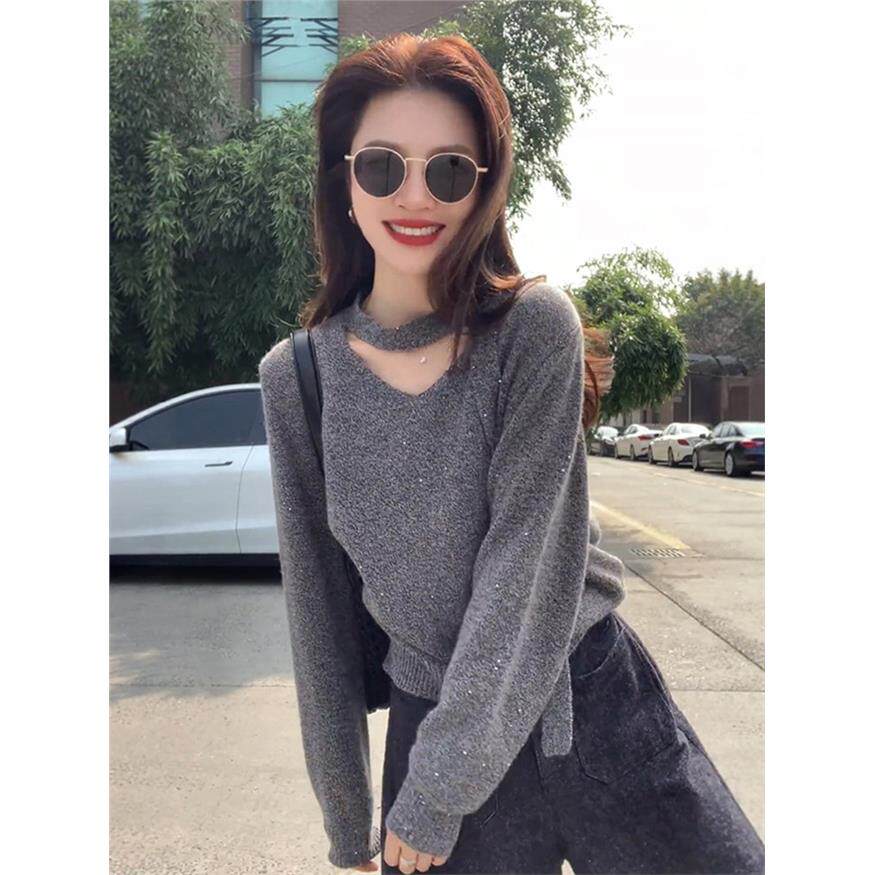 法式灰色挂脖v领亮片针织衫女秋冬设计感飘带毛衣慵懒风宽松上衣