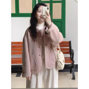 短款小个子大衣女2025新款高级感超好看韩系粉色毛呢外套今年流行