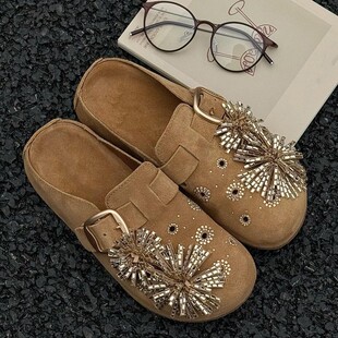 一脚蹬厚底穆勒鞋 女外穿2026新款 绝美水钻烟花朵勃肯单鞋 牛皮版