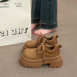 2026早春磨砂皮英伦风厚底乐福鞋女系带圆头百搭增高鞋松糕鞋女