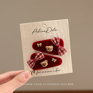 韩版儿童发夹女童红色小熊蝴蝶结发卡可爱宝宝头饰侧边刘海夹发饰
