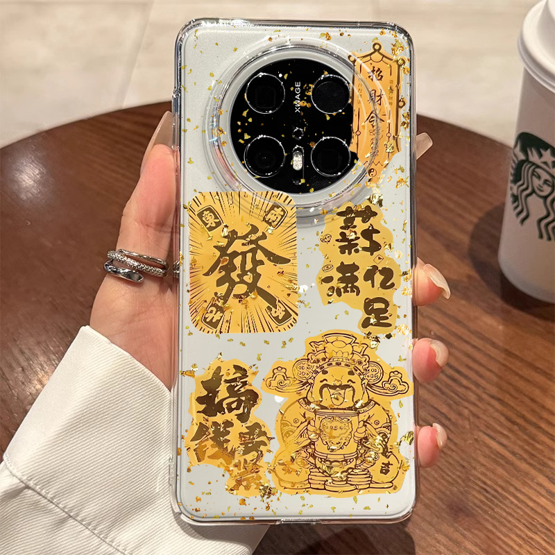 适用华为手机壳金箔招财猫透明