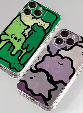 适用苹果17promax线条猫咪iphone16手机壳iqoo华为mate60抽象pura70绿色nova小米13荣耀oppo一加12红米vivo套