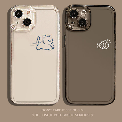 适用苹果17线条猫咪手机壳iPhone16promax小鱼15卡通14情侣x透明13mini新款8plus7p简约xr高级感xs特别12女款
