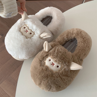 月子软底鞋 防滑厚底毛毛鞋 软萌可爱保暖绵羊全包跟棉拖鞋 女士冬季