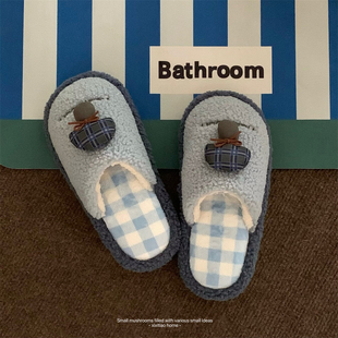 可爱小蘑菇包头棉拖鞋 新款 女 居家防滑多巴胺撞色格子毛毛鞋 秋冬季