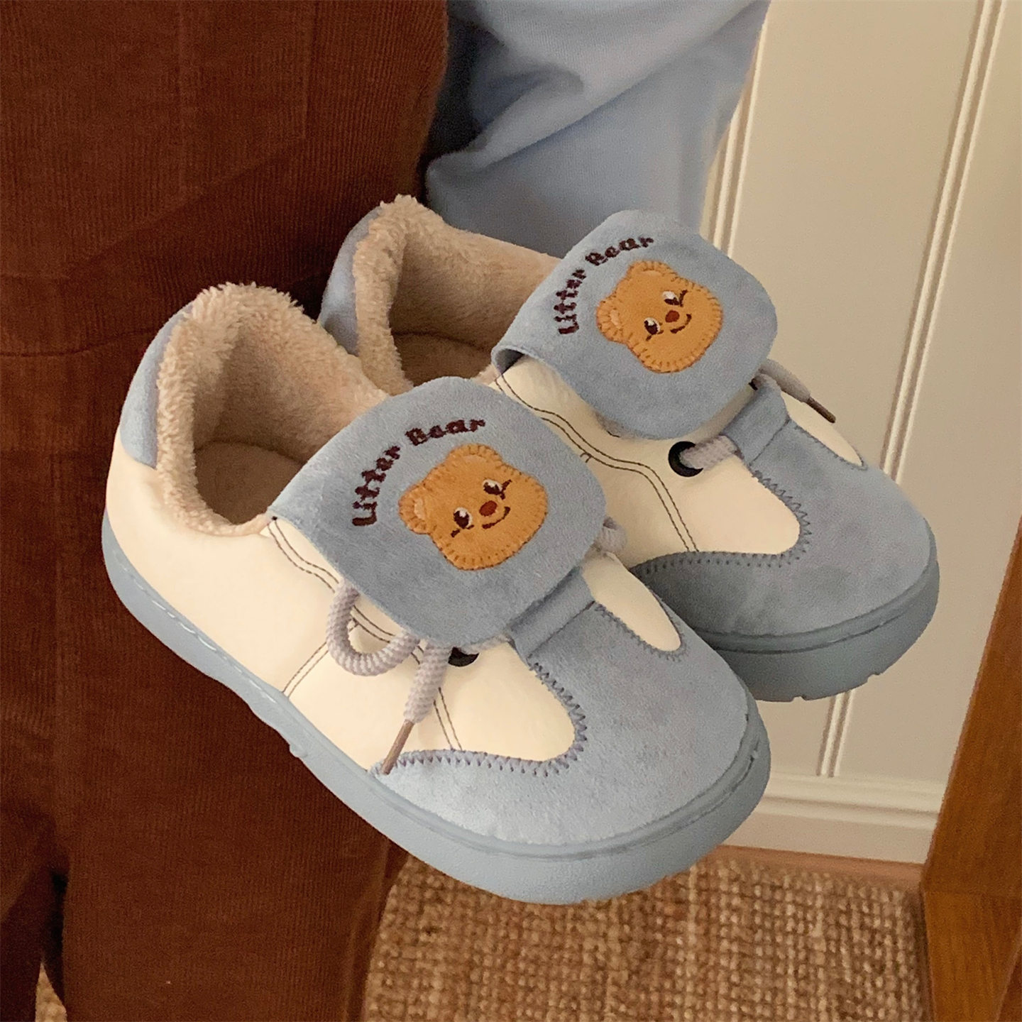 百搭可爱小熊板鞋保暖加绒防滑冬