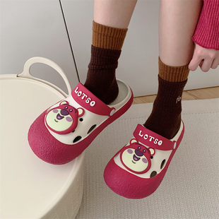 夏季 女 百搭迪士尼卡通草莓熊户外洞洞鞋 亲子防滑软底拼色沙滩凉鞋