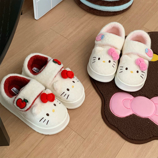 冬女户外百搭加绒面包鞋 可爱防滑厚底正版 HelloKitty猫魔术贴棉鞋
