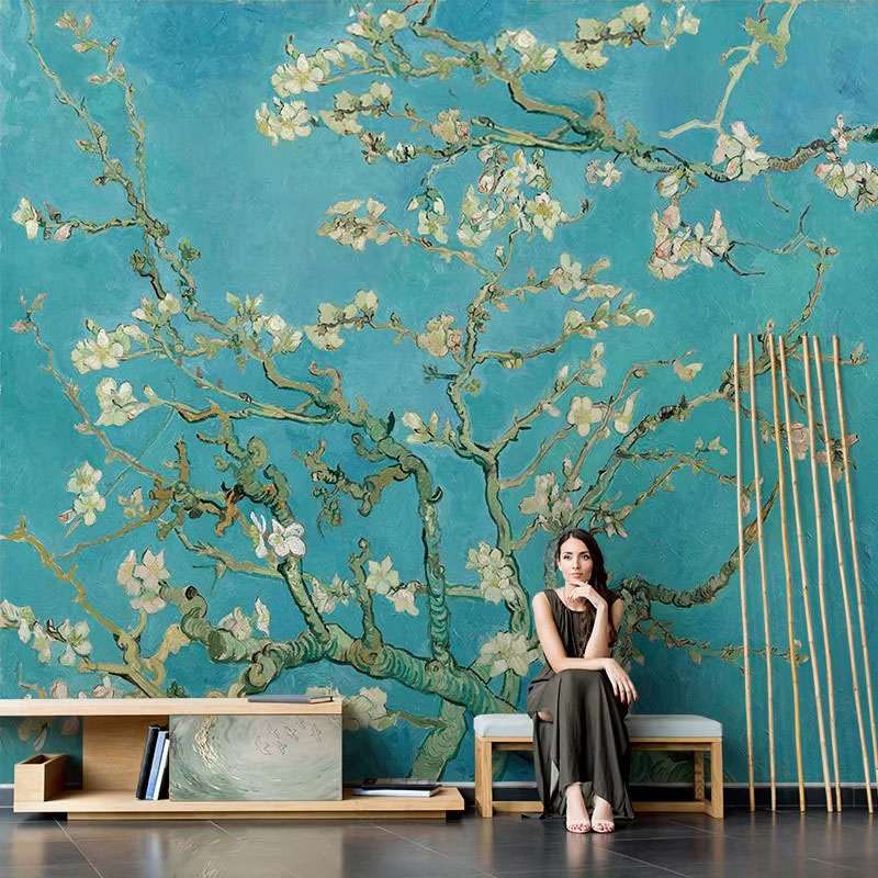梵高手绘油画风景高端电视背景墙壁纸壁画布大气高级感影视墙墙纸