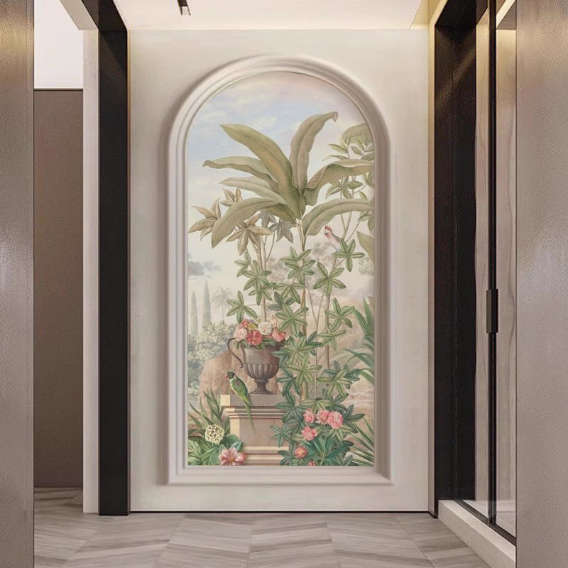 法式入户玄关装饰画复古花鸟拱形壁画轻奢奶油风走廊过道竖版壁纸图片