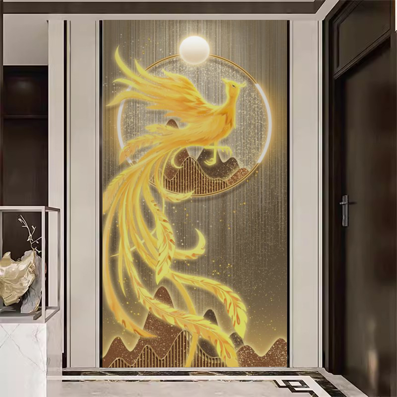 现代轻奢玄关装饰画新中式寓意好过道走廊壁画凤凰入户正对门壁纸图片